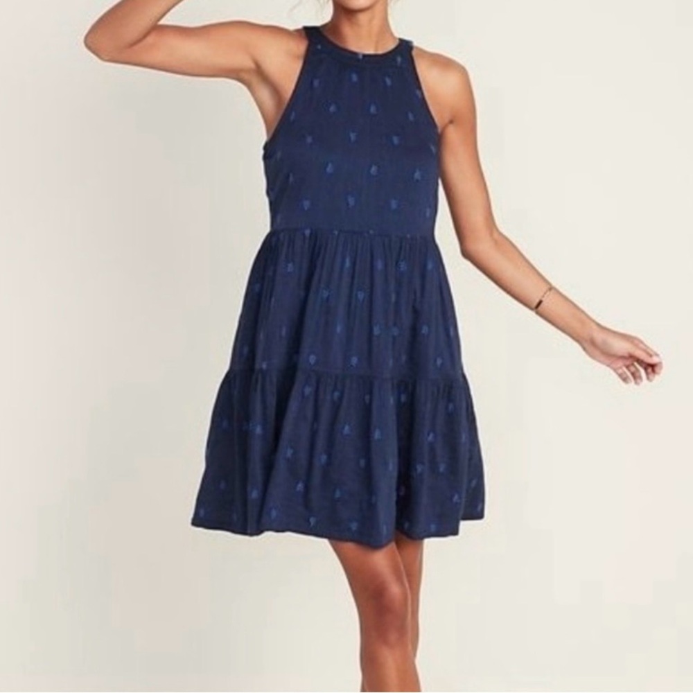 Embroidered halter neck navy sundress
